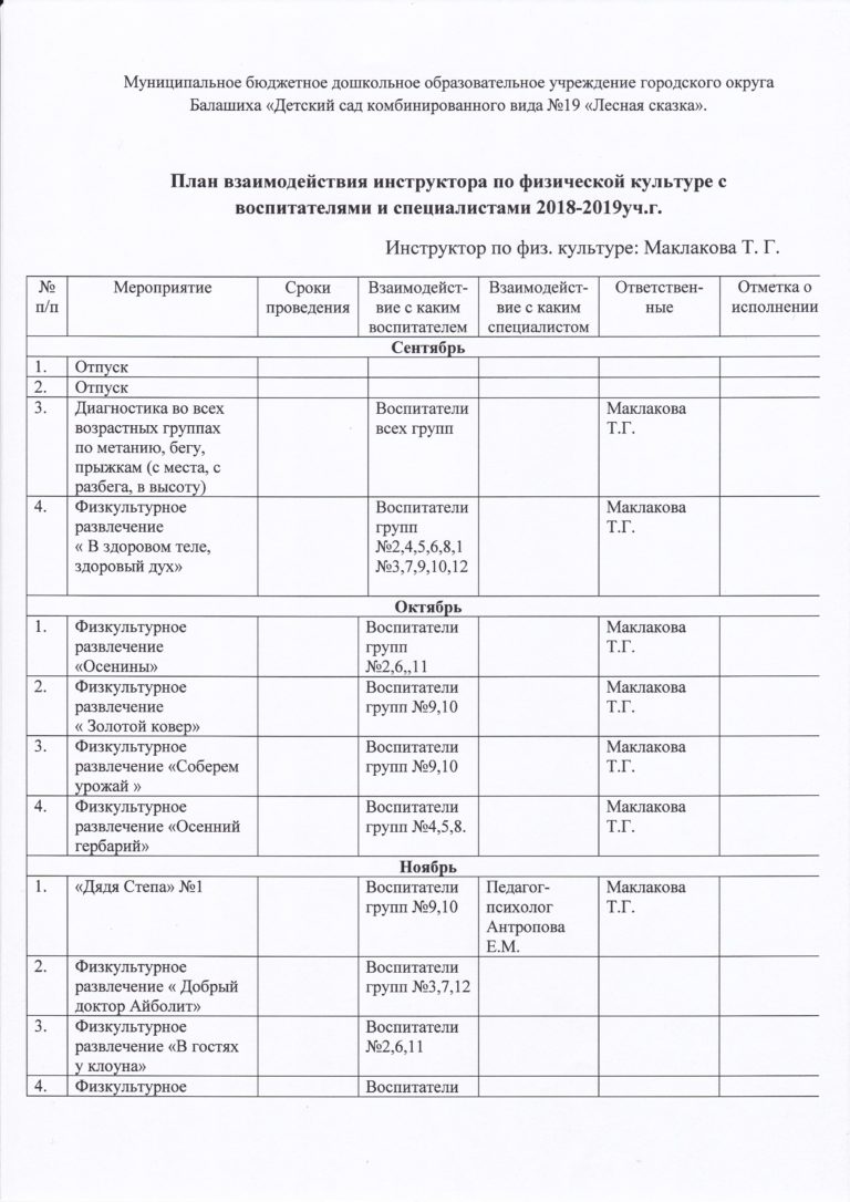 План работы инструктора по физической культуре в лагере